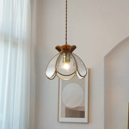 Traditional Japanese Brass Frame Frosted Ripple Glass Petal-Shaped 1-Light Pendant Light For Living Room