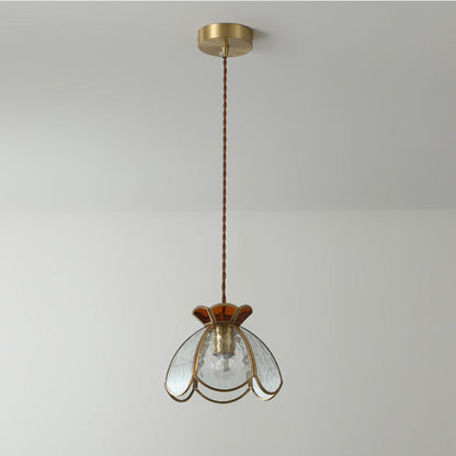 Traditional Japanese Brass Frame Frosted Ripple Glass Petal-Shaped 1-Light Pendant Light For Living Room