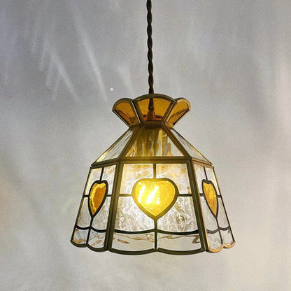 Traditional Japanese Brass Frame Frosted Ripple Glass Petal-Shaped 1-Light Pendant Light For Living Room