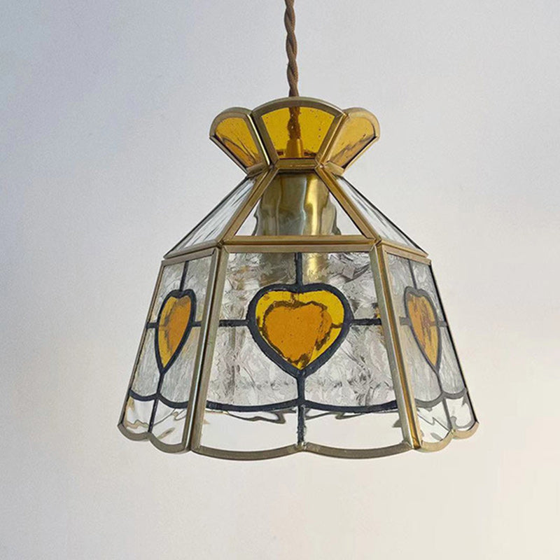 Traditional Japanese Brass Frame Frosted Ripple Glass Petal-shaped 1-light Pendant Light for Living Room BulbSquare