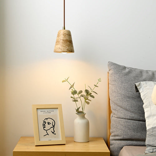 Traditional Japanese Yellow Travertine Truncated Cone Shade 1-Light Pendant Light For Living Room