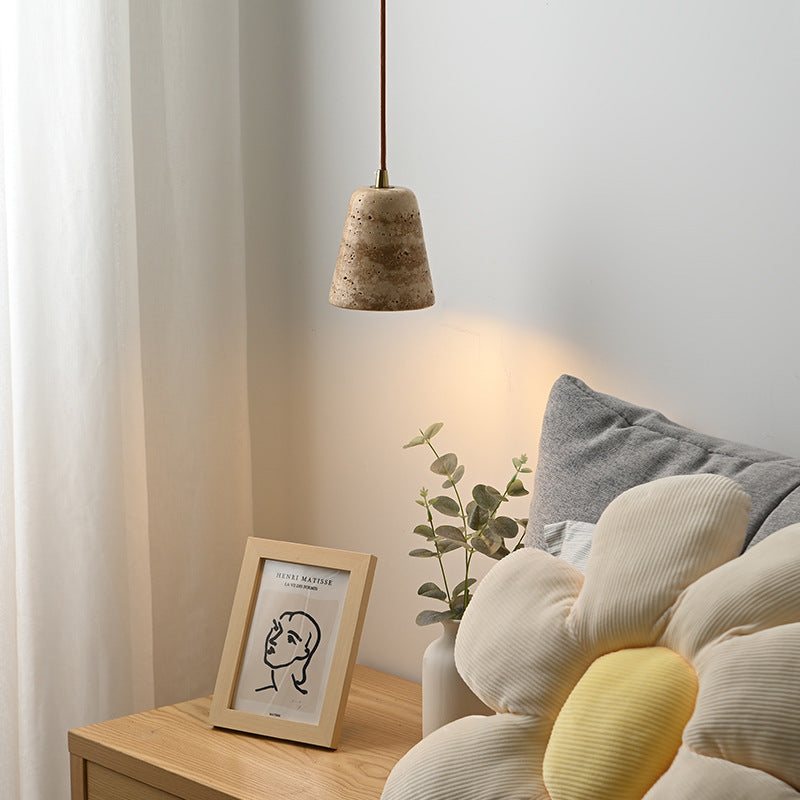 Traditional Japanese Yellow Travertine Truncated Cone Shade 1-Light Pendant Light For Living Room