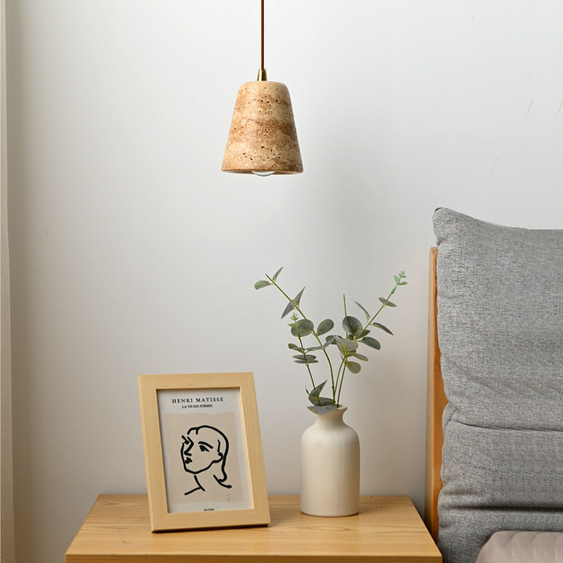 Traditional Japanese Yellow Travertine Truncated Cone Shade 1-Light Pendant Light For Living Room