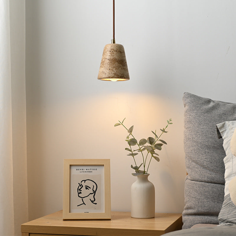 Traditional Japanese Yellow Travertine Truncated Cone Shade 1-Light Pendant Light For Living Room