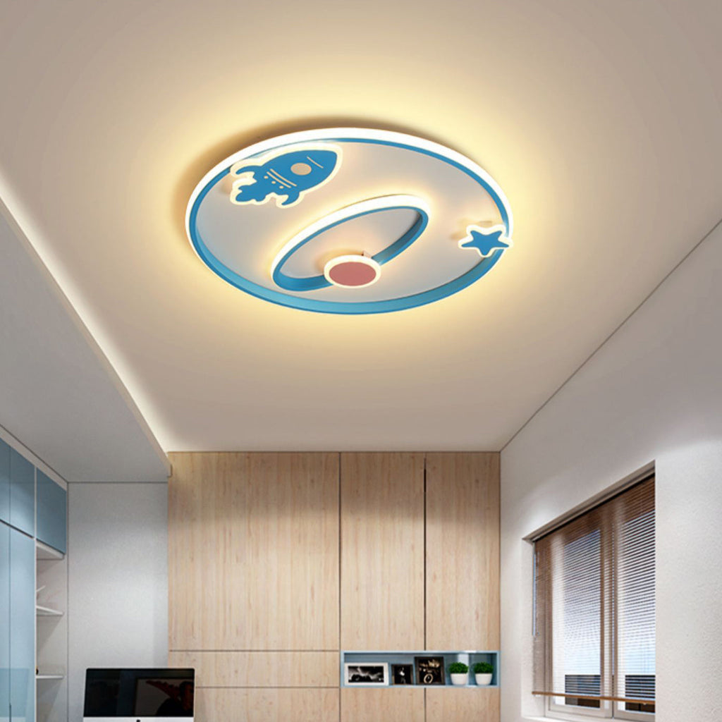 Contemporary Creative Cartoon Space Rocket Iron Acrylic LED Flush Mount Ceiling Light For Bedroom