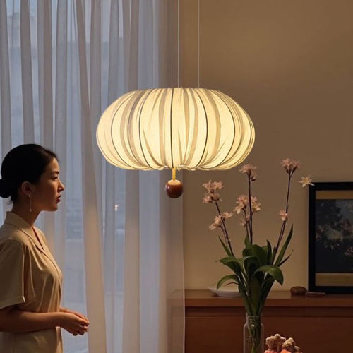 Modern Shabby Chic Fabric Lantern Shade Solid Wood 1-Light Pendant Light For Living Room