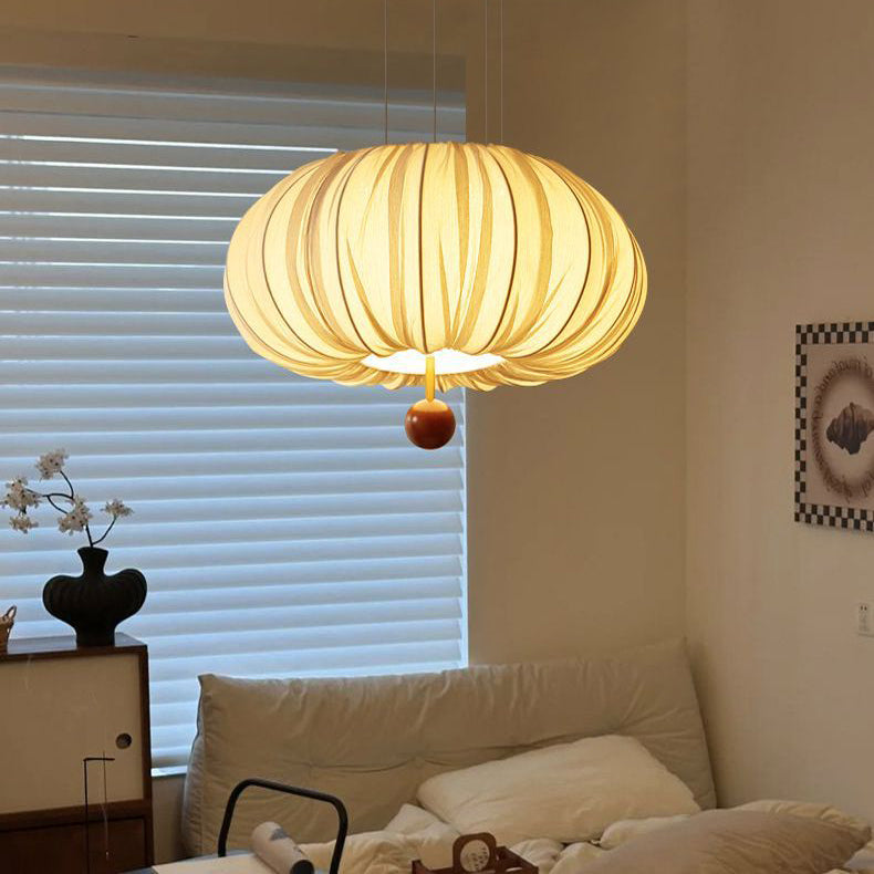Modern Shabby Chic Fabric Lantern Shade Solid Wood 1-Light Pendant Light For Living Room
