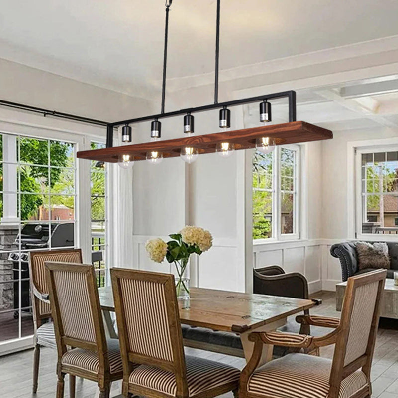Traditional Farmhouse Rectangular Solid Wood Iron 5-light Island Light Chandelier for Living Room BulbSquare
