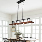 Traditional Farmhouse Rectangular Solid Wood Iron 5-light Island Light Chandelier for Living Room BulbSquare