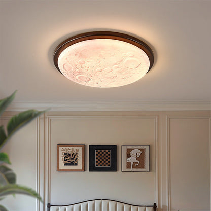 Contemporary Nordic Wood Acrylic Round Moon Shade LED Flush Mount Ceiling Light For Hallway