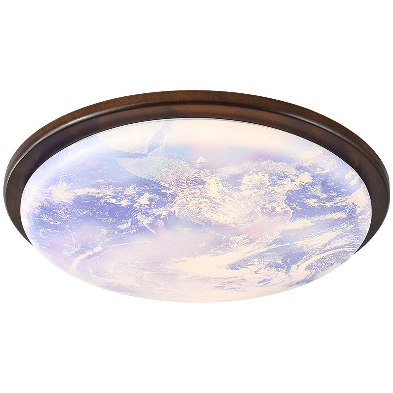 Contemporary Nordic Wood Acrylic Round Moon Shade LED Flush Mount Ceiling Light For Hallway