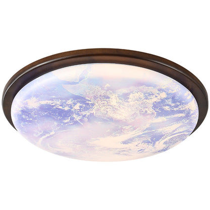 Contemporary Nordic Wood Acrylic Round Moon Shade LED Flush Mount Ceiling Light For Hallway