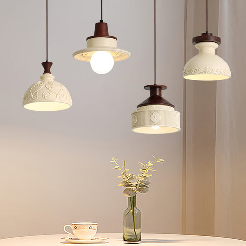 Modern Transitional Solid Wood Semicircle Carving Resin Shade 1-Light Pendant Light For Living Room