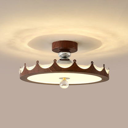 Traditional French Iron Faux Woodgrain Acrylic Crown Shade LED Semi-flush Mount Ceiling Light for Living Room