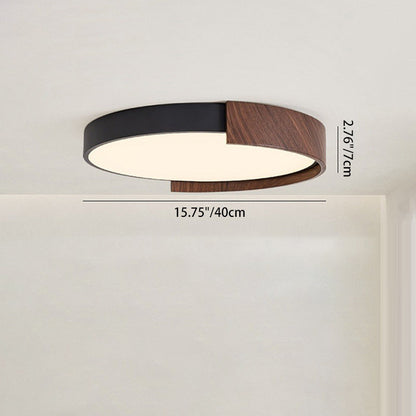 Traditional Japanese Iron Faux Woodgrain PVC Round Shade LED Flush Mount Ceiling Light For Living Room