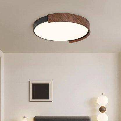 Traditional Japanese Iron Faux Woodgrain PVC Round Shade LED Flush Mount Ceiling Light For Living Room