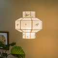 Traditional Chinese Bamboo Pattern Tencel Fabric Hexagonal Palace Lantern Shade 1-Light Pendant Light For Living Room