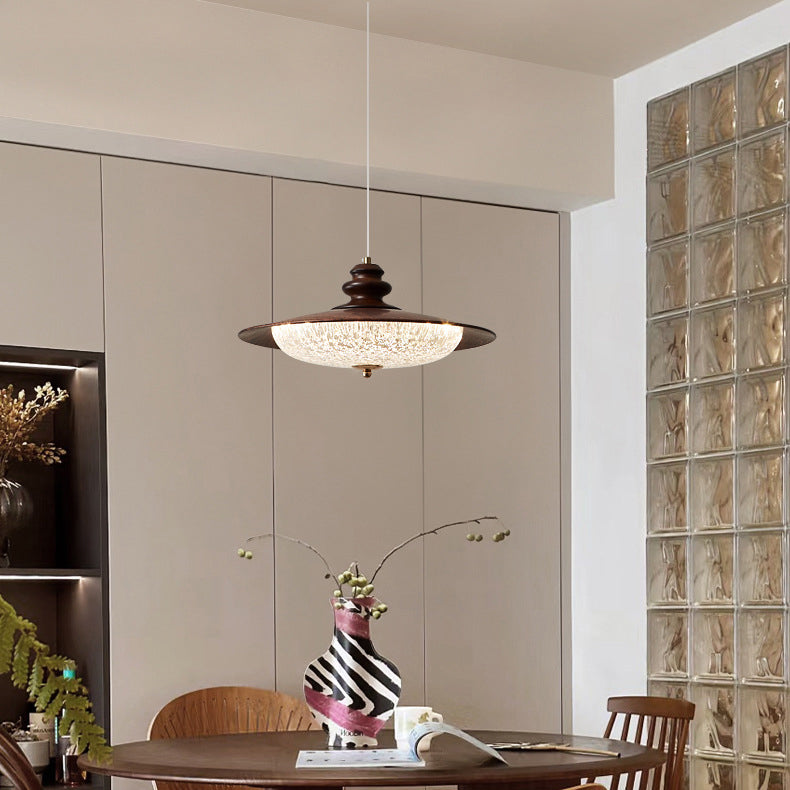 Traditional Vintage Iron Faux Woodgrain Acrylic Round LED Pendant Light For Living Room