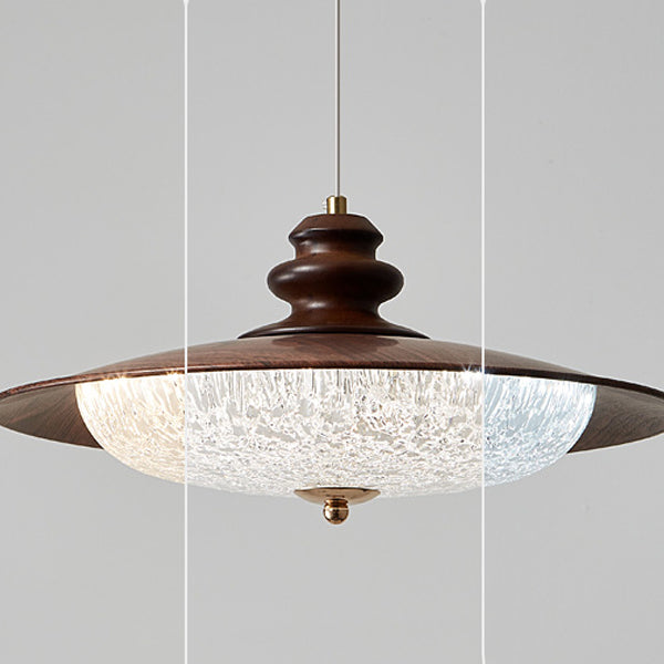 Traditional Vintage Iron Faux Woodgrain Acrylic Round LED Pendant Light For Living Room
