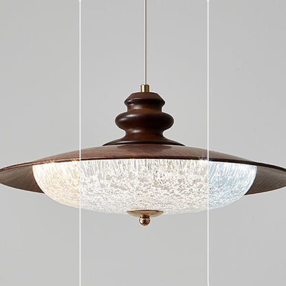 Traditional Vintage Iron Faux Woodgrain Acrylic Round LED Pendant Light For Living Room