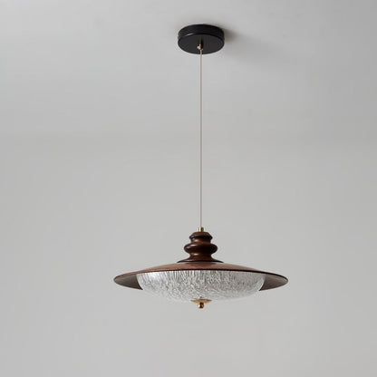 Traditional Vintage Iron Faux Woodgrain Acrylic Round LED Pendant Light For Living Room