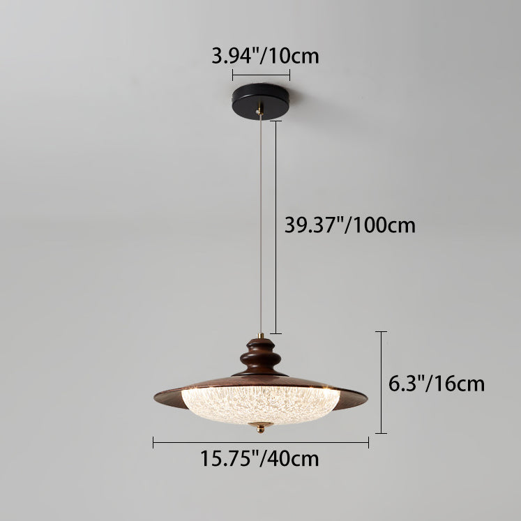 Traditional Vintage Iron Faux Woodgrain Acrylic Round LED Pendant Light For Living Room