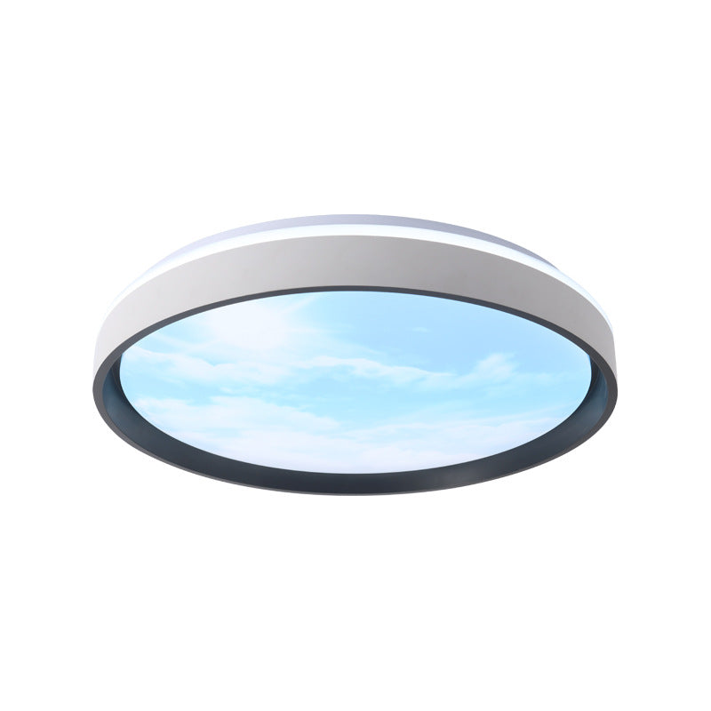 Contemporary Nordic Iron Blue Sky & Cloud Pattern Acrylic Round Shade LED Flush Mount Ceiling Light For Living Room