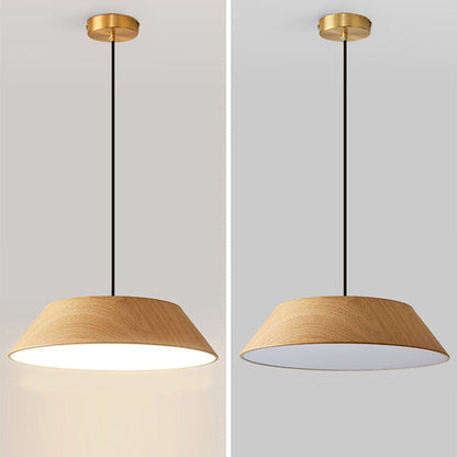 Traditional Japanese Iron Faux Woodgrain Round Shade LED Pendant Light For Living Room