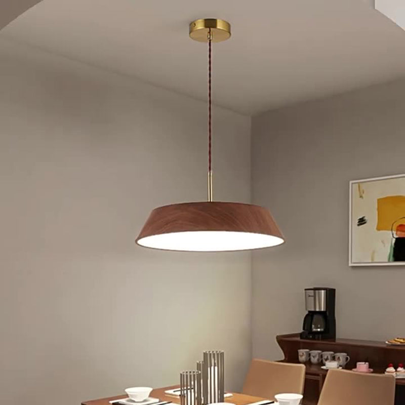 Traditional Japanese Iron Faux Woodgrain Round Shade LED Pendant Light For Living Room