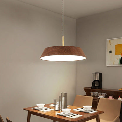 Traditional Japanese Iron Faux Woodgrain Round Shade LED Pendant Light For Living Room