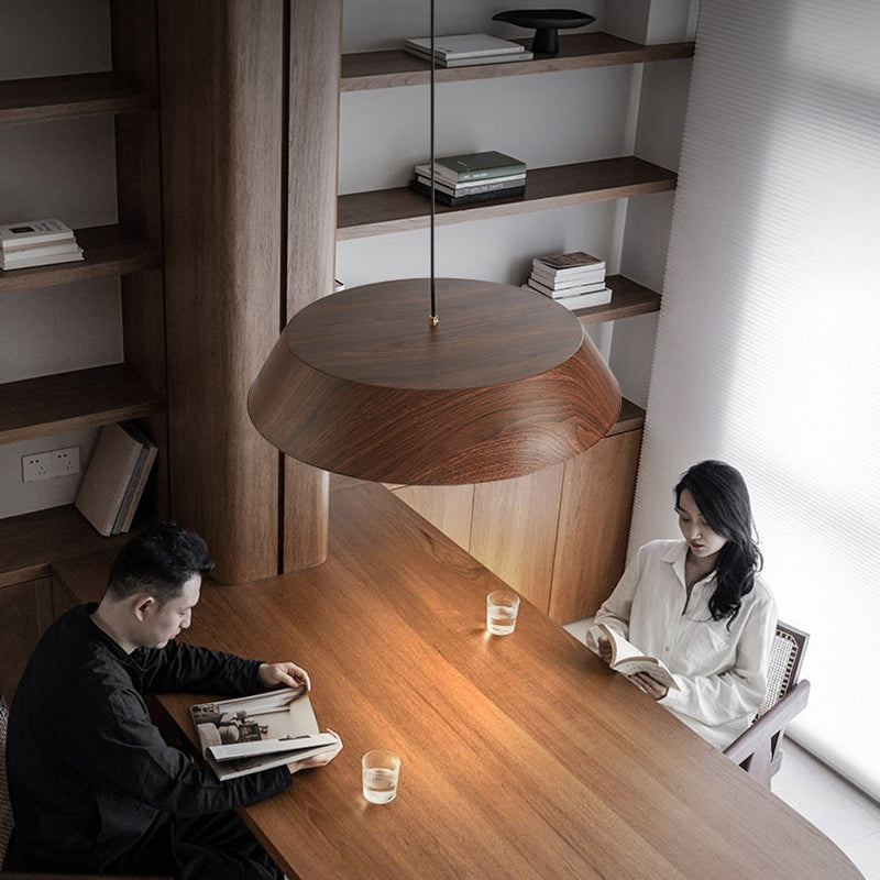 Traditional Japanese Iron Faux Woodgrain Round Shade LED Pendant Light For Living Room