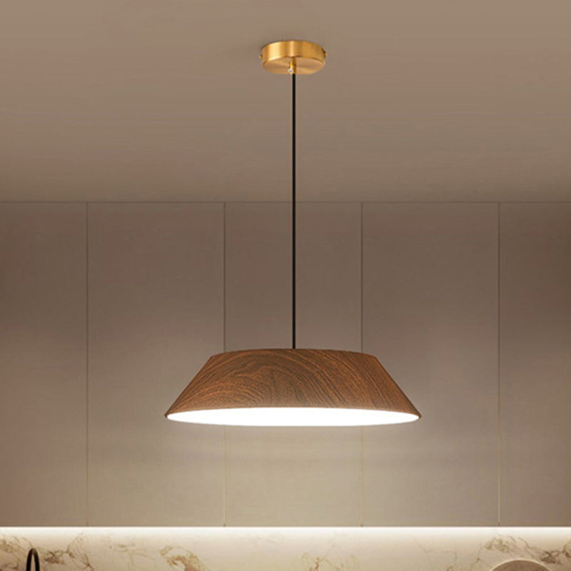 Traditional Japanese Iron Faux Woodgrain Round Shade LED Pendant Light For Living Room