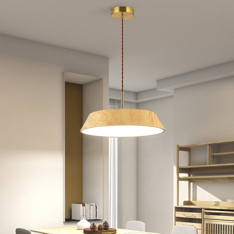 Traditional Japanese Iron Faux Woodgrain Round Shade LED Pendant Light For Living Room
