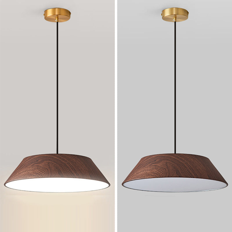 Traditional Japanese Iron Faux Woodgrain Round Shade LED Pendant Light For Living Room