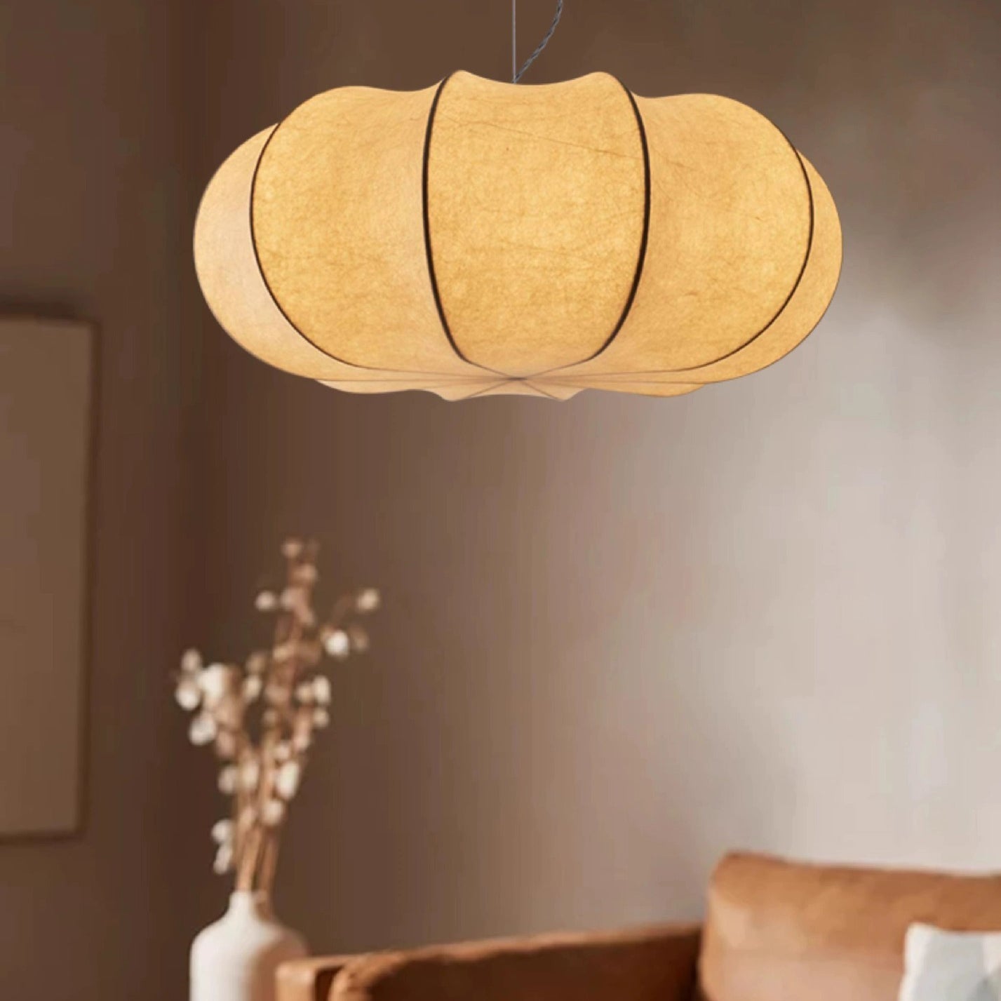 Traditional Japanese Pumpkin Round Iron Silk 2/3-light Pendant Light for Living Room BulbSquare