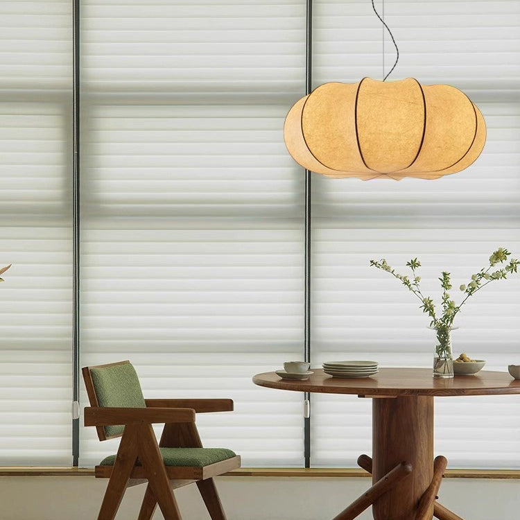 Traditional Japanese Pumpkin Round Iron Silk 2/3-Light Pendant Light For Living Room