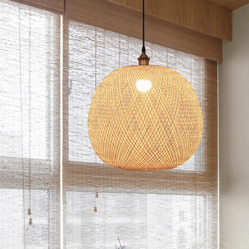 Traditional Japanese Bamboo Woven Round Orb Bamboo 1-light Pendant Light for Bedroom BulbSquare