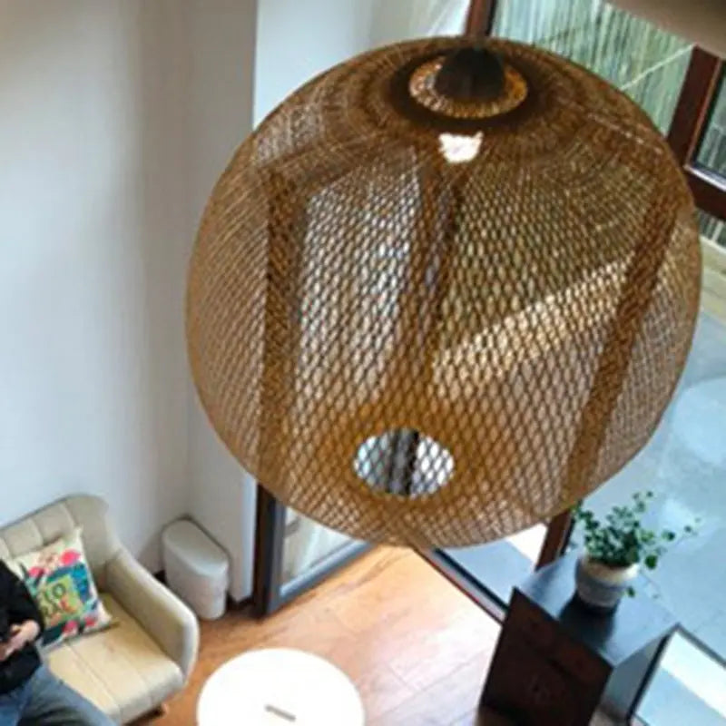 Traditional Japanese Bamboo Woven Round Orb Bamboo 1-light Pendant Light for Bedroom BulbSquare