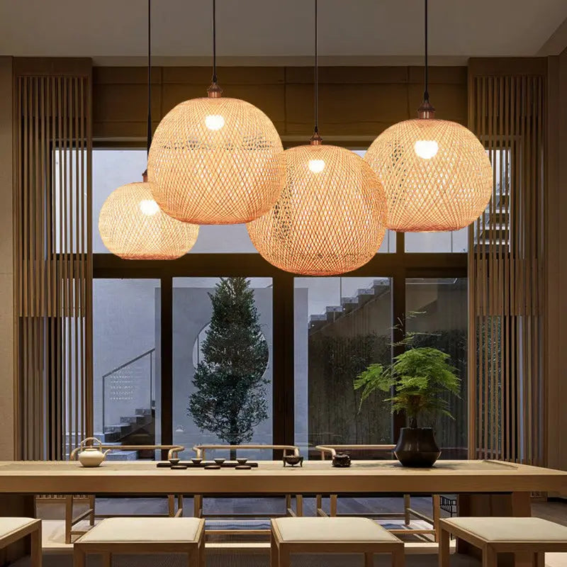 Traditional Japanese Bamboo Woven Round Orb Bamboo 1-light Pendant Light for Bedroom BulbSquare