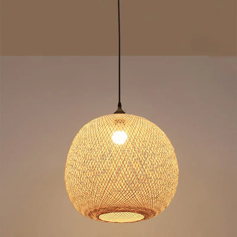 Traditional Japanese Bamboo Woven Round Orb Bamboo 1-light Pendant Light for Bedroom BulbSquare
