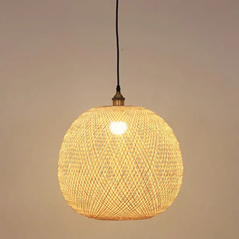 Traditional Japanese Bamboo Woven Round Orb Bamboo 1-light Pendant Light for Bedroom BulbSquare