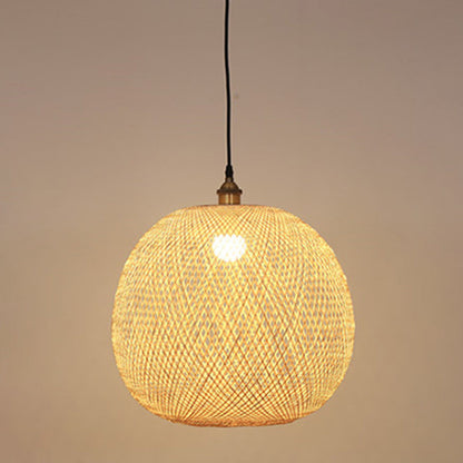 Traditional Japanese Bamboo Woven Round Orb Bamboo 1-Light Pendant Light For Bedroom