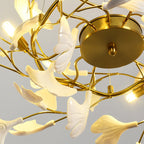 Traditional French Ginkgo Leaf Round Iron Plastic Porcelain 6/8/12 Light Semi-Flush Mount Ceiling Light For Bedroom