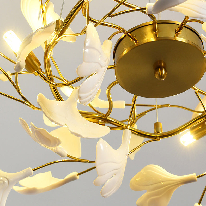 Traditional French Ginkgo Leaf Round Iron Plastic Porcelain 6/8/12 Light Semi-Flush Mount Ceiling Light For Bedroom