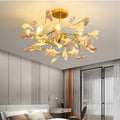 Traditional French Ginkgo Leaf Round Iron Plastic Porcelain 6/8/12 Light Semi-Flush Mount Ceiling Light For Bedroom