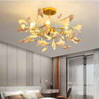 Traditional French Ginkgo Leaf Round Iron Plastic Porcelain 6/8/12 Light Semi-Flush Mount Ceiling Light For Bedroom