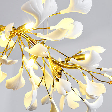 Traditional French Ginkgo Leaf Round Iron Plastic Porcelain 6/8/12 Light Semi-Flush Mount Ceiling Light For Bedroom