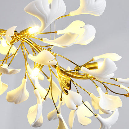 Traditional French Ginkgo Leaf Round Iron Plastic Porcelain 6/8/12 Light Semi-Flush Mount Ceiling Light For Bedroom