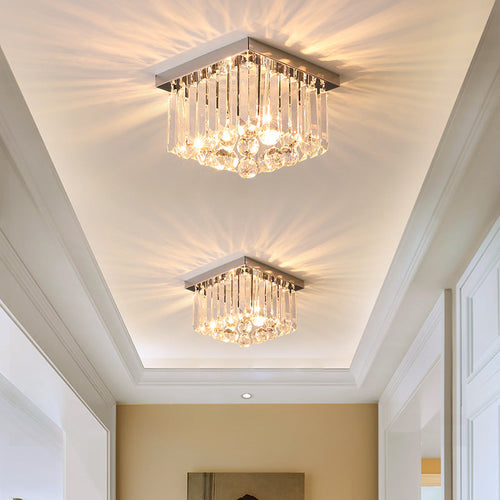 Modern Luxury Round Square Stainless Steel Crystal 2/4 Light Flush Mount Ceiling Light for Bedroom