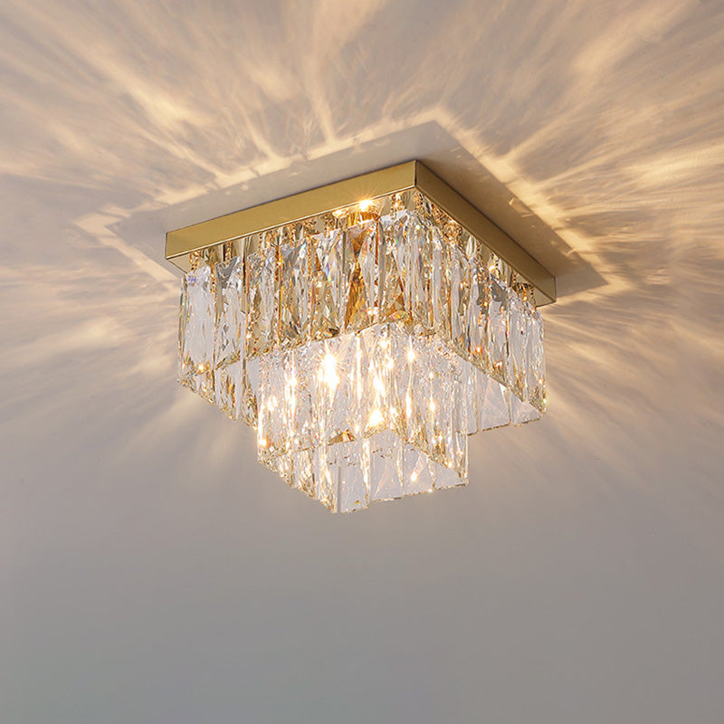 Modern Luxury Round Square Stainless Steel Crystal 2/4 Light Flush Mount Ceiling Light for Bedroom